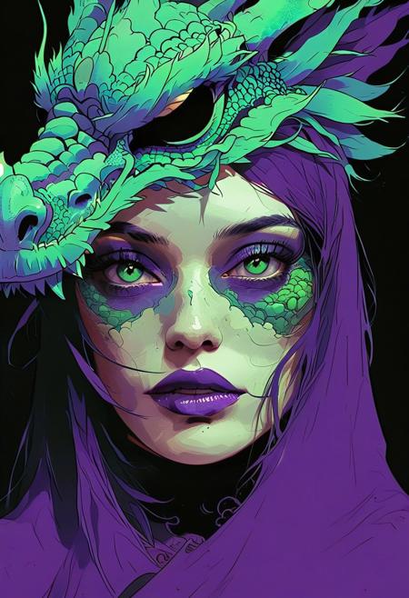 a woman with a large dragon-skull as a hat veiling her face, shadow veiling her eyes, Conrad Roset, pop art, pop surrealism, dark color gradet, very detailed 3d effect, deep image visualisation, extreme depth of field, create a pop-art hyperpunk scene with desaturated dark purple and neon-green details, colorful (polaroid:0.7) with vibrant colors, (vacations, high resolution:1.3), (small, selective focus, european film:1.2), (sexual advance:1.1), closeup