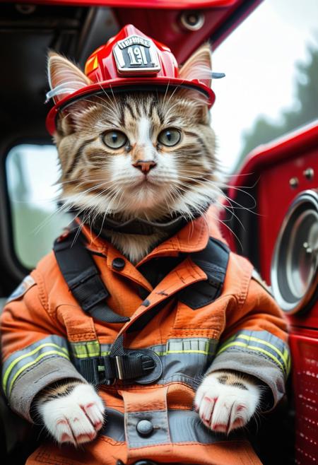 kitten wearing a firefighter suit, firefighter helm, kitten in firetruck, kitten officer, kitten corwd act as humans