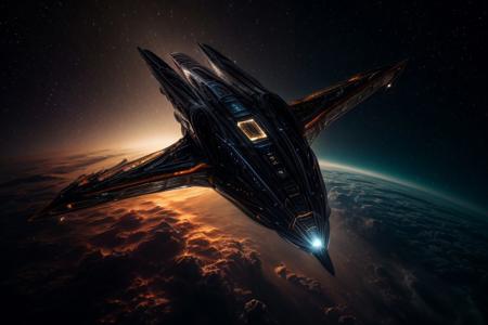 An elegant spaceship flies through a nebula, view from above, suspenseful atmosphere, ultra realistic, hyper detailed, sci-fy, cinematic lighting, highlights, gritty atmosphere, RAW, (realistic photo, best quality, detailed), (8k wallpaper), (cinematic lighting, dramatic lighting), (sharp focus, intricate), zzspczz