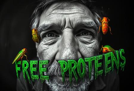 “A black-and-white abstract dystopian photograph captured with a cinema-grade 12mm fisheye lens, creating a warped, immersive perspective that distorts reality. The close-up portrait of a rugged 50-year-old rural man reveals his face fragmented into disjointed rectangular sections, with his eyes, nose, mouth, and skin displaced in chaotic randomness. Within the fractured gaps, oversized crickets, their bodies in vivid green and orange, emerge, their sharp legs and antennae contrasting sharply against the monochrome tones. These crickets crawl and twitch, adding an unsettling movement to the scene. Scrawled across the composition in decayed, rotten lettering, the phrase ‘FREE PROTEINS’ oozes in a grim shade of green, amplifying the surreal, dystopian feel. The intense chiaroscuro lighting casts deep shadows, highlighting the crickets’ unnatural hues and enhancing the disturbing, nightmarish quality of the image.”
