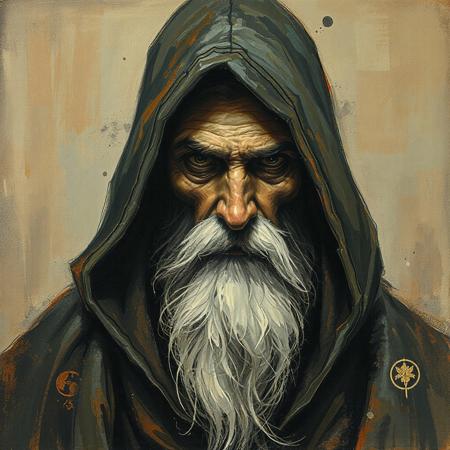 painting of a hooded wizard, rendered with bold, expressive smudges and unfinished strokes, Art nouveau style