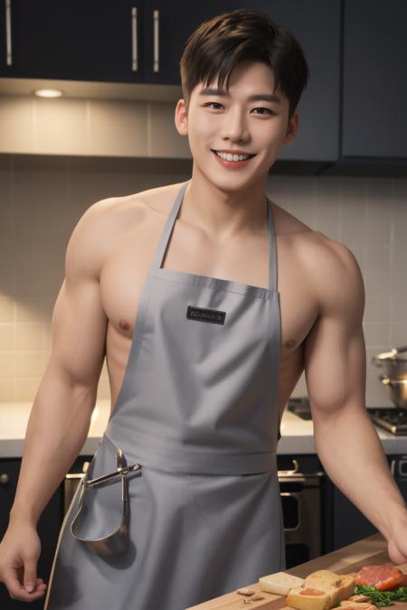 1boy, Short Spiky Hair, smile, teeth, watch, 
<lora:Max Huang:0.7:FACE>
(nude kitchen apron:1.2)
Muscular Frame,
looking at the viewer,
fish, steak,