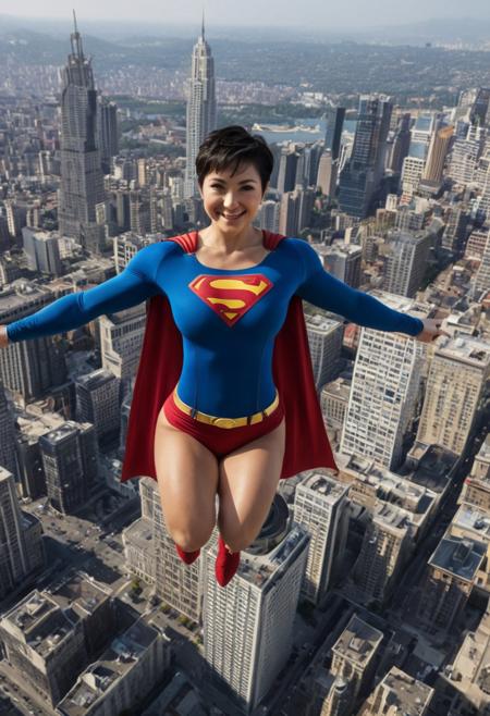a 40yo  attractive  woman in a superman costume flying over a city, promotional images, black hair, (short pixie cut hair:1.2), hyper real highly detailed, chest covered, episode, cell bars, the character is a woman, restored colors, idol, ultra realistic, soft lighting, 8k, seductive smile, broad shoulders, extremely muscular and voluptuous body, round breasts, breasts together, Hand, detailed, perfect, perfection, hands, (muscle expansion:1.4)