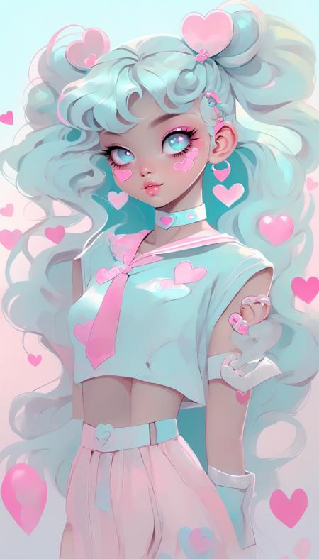 <lora:[XL]trendy_3D:1>pastel drawing of a girl in a kawaii style, winks, sailor moon, cyberpunk, cute anime style, hearts, soft, colorful, delicate, expressive, textured, sharp, soft blue cyan and pink, pearlescent,