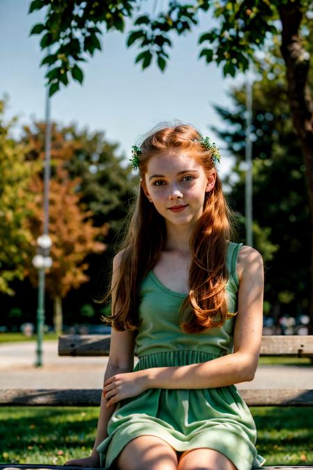 girl,18 years old, (perfect face), (green eyes:1.5), park on background, (hair ornament:1.2), (perfect loose ginger hair), (white dress), summer dress, (big breast), (dynamic pose:1.3), (happy look:1.1), sit on bench, BREAK. shallow depth of field,bokeh,soft lighting,((high quality)),film grain,Fujifilm XT3,4k,uhd,RAW photo,masterpiece,photorealistic,((ultra-detailed)),  <lora:Body Type_alpha1.0_rank4_noxattn_last:2>, <lora:Breast Slider - Pony_alpha1.0_rank4_noxattn_last:2.5>, <lora:age_slider-LECO-v1:-3>, <lora:zoom_slider_v1:-2>,