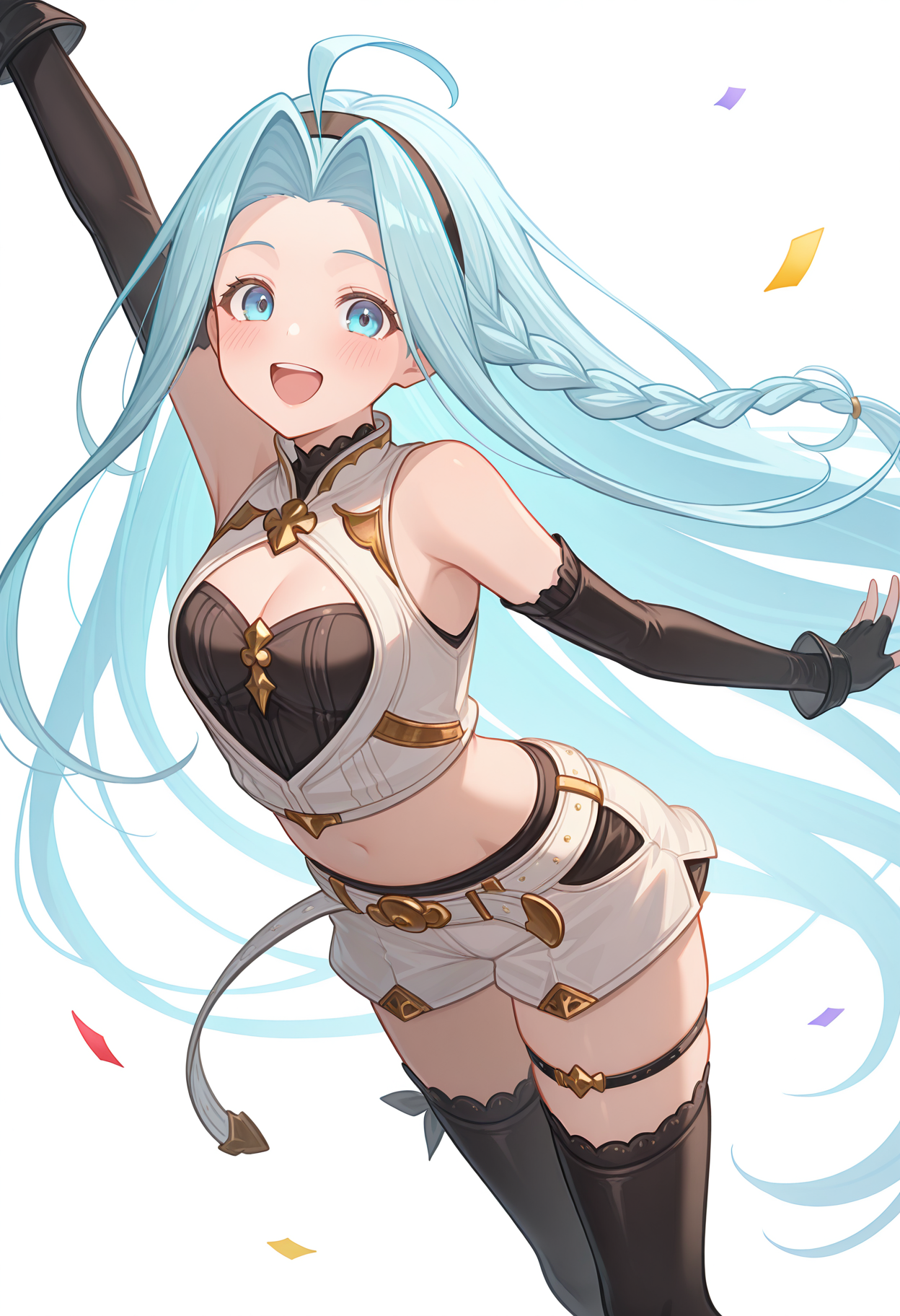 A young woman with blue eyes and long, light blue hair, partly braided. She is wearing a white and dark brown outfit with gold accents and an exposed midriff, matching dark brown thigh-high stockings, a single garter strap, and long dark brown gloves. The character is in a dynamic pose with one arm raised high and the other extended, surrounded by falling confetti. 