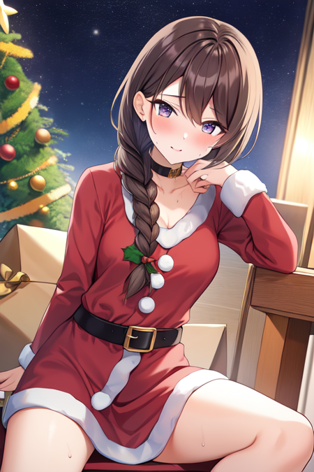 icnana, sky, night, christmas, santa costume, sweat, sitting, tree, braid, single braid 