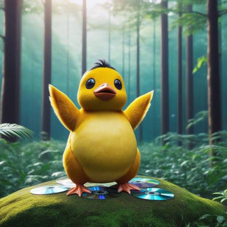 made of cd's, score_9, score_8_up, score_7_up,  source_Photorealistic, rating_safe, psyduck, pokemon \(creature\), no humans, solo, forest background, yellow, standing, full body, hands on own head, animal focus, bird with cd's skin, duck made of cd's, black eyes, looking at viewer, closed mouth, arms up