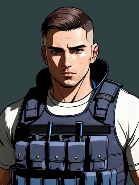 man, bulletproof vest, soldier, high quality, masterpiece, lineart, cel shading, portrait, thick outlines