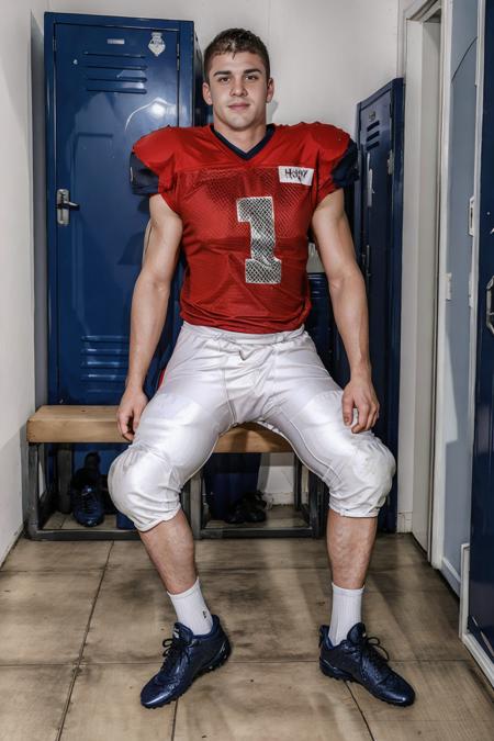 In an American football locker room, (sitting on a locker room bench), legs spread open, DarinSilvers is a muscular (American football player) wearing (((red color jersey))),((shoulder pads)), ((jersey number 47)), ((black football pants and pads)), (white socks), long socks, (black sneakers), slight smile, highly detailed, sharp focus, high skin detail, photorealistic, masterpiece, (((full body portrait))), (full body), wide angle, (high face detail), (even lighting),  <lora:DarinSilvers-step00001800:0.75>