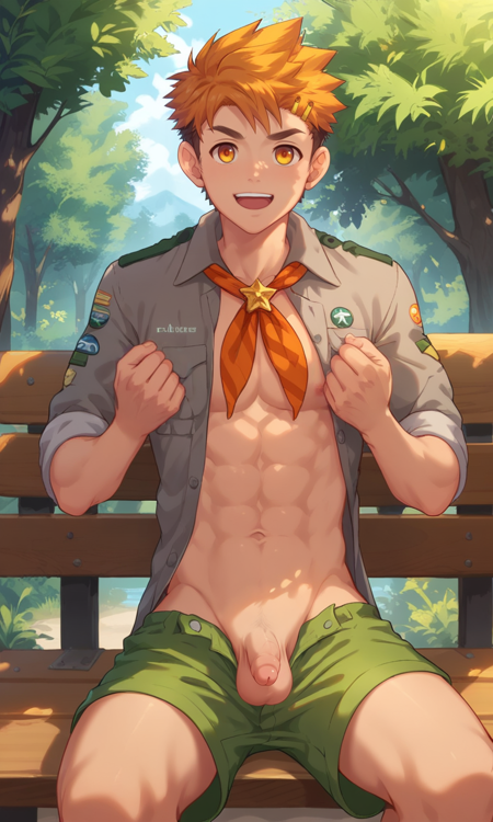 Hiro slim brown-gray shirt green shorts orange neckerchief