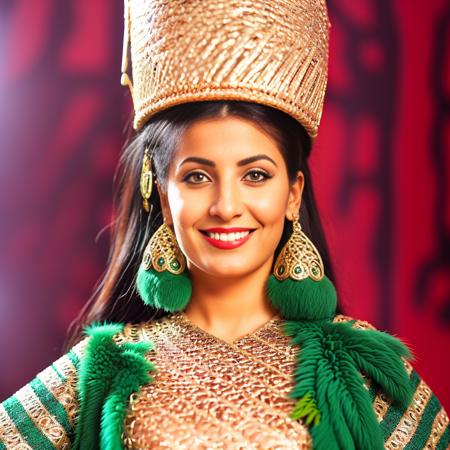 create a surrealistic version of the Babylonian style costume worn by a smiling Arabic woman in the promotional image. Include a long braid, fur collar, and chain around the neck, and incorporate abstract elements that represent the lush garden and green bird. babylon  style, full shot