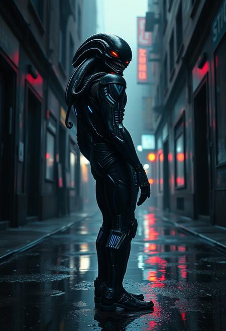 A gritty, photorealistic science fiction film style. Dark, moody ambiance with neon highlights and volumetric fog. A low-angle, medium shot of a menacing alien warrior standing in a dystopian city alleyway. The alien has bio-luminescent markings and sleek black armor with glowing blue circuitry. Rain is slicking off the armor, with puddles reflecting the city lights. The alien turns its head, revealing glowing red eyes and a snarling expression.