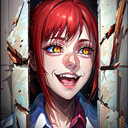 Highly detailed, High Quality, Masterpiece, beautiful, Johnny,  <lora:HereIsJohnny:1>, broken wall, face only, gesugao, gesugao facial expression, sadistic smile, <lora:Expression_Gesugao:0.8>, makima \(chainsaw man\), <lora:Char_ChainsawMan_Makima:1>