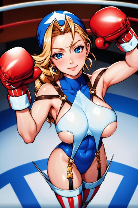 masterpiece, best quality, tiffanylords, bandana, leotard, boxing gloves, striped thighhighs, standing, toned body, large breasts, looking at viewer, furrowed brow, smile, closed mouth, from above, boxing ring, spotlight <lora:tiffany-nvwls-v1-000012:0.9>