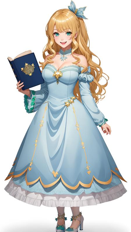 vtubermodel of 1girl , blonde hair , green eyes , magical blue dress, holding a magical book , high quality , extra detailed , rendered, (white background:1.2), full body, smiling, sharp face<lora:VtuberMakerV2:0.75>