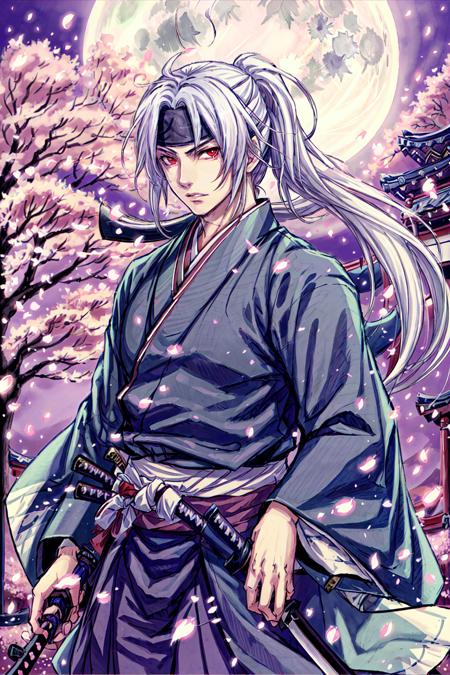 Hijikata Toshizou,  cherry blossoms,  full moon,  hakama,  haori,  headband,  japanese clothes,  katana,  long hair,  moon,  night,  petals,  ponytail,  red eyes,  shinsengumi,  sword,  weapon,  white hair, <lora:EMS-46732-EMS:0.700000>