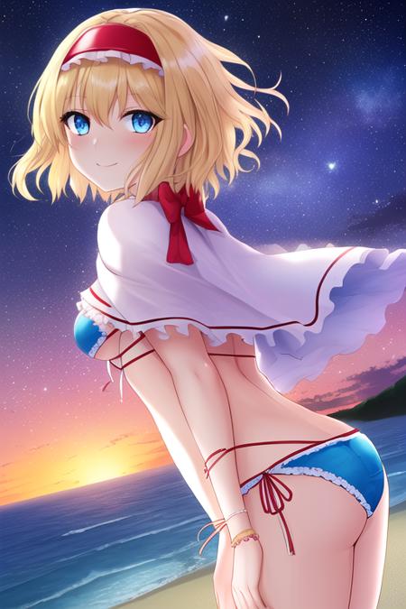 masterpiece, best quality, highres, solo, {night:1.10}, {starry sky:1.10}, beach, beautiful detailed sky, {extremely detailed background:1.20}, {alice_margatroid_touhou:1.10}, {standing:1.10}, looking at viewer, {bikini:1.30}, blonde_hair, short_hair, hairband, blue_eyes, capelet, light smile