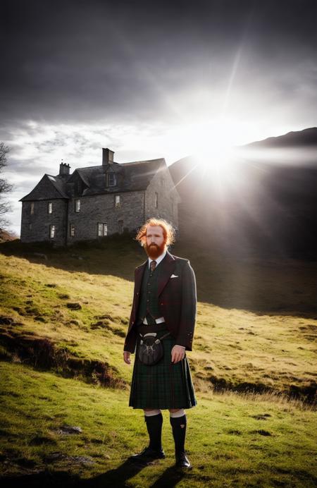 award winning photo of a rugged man, Style-Kilt,  iphone 12 camera with flash on in the background and an old house at night by Annie Leibovitz. rule up angle shot low shutter speed 35mm film grain dramatic lighting trending award photography 4k hd 8x no blur bokeh high quality nikon z/5a sigma art lens flare studio