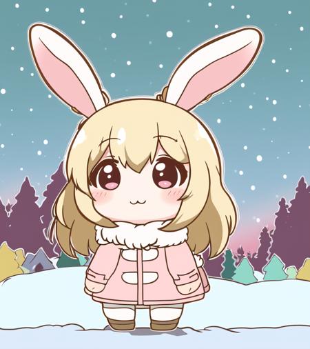 (best quality:1.3), (highres:1.1), 
(thick outline:1.2), A pastel pink girl, with a small, cute face and golden hair in the forest. Kawaii. In the style of Ken Sugimori, chibi, rabbit on a mountaintop in a snowstorm, bunny girl in a coat, rabbit ears, snowy background, winter