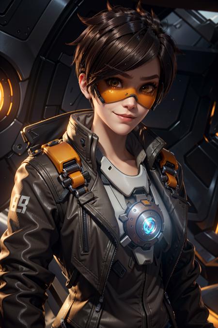 TracerOver, 1girl, tracer (overwatch), solo, orange goggles, brown hair, goggles, short hair, spiked hair, brown eyes, upper body, harness, jacket, bomber jacket, smile, looking at viewer, bodysuit, chest harness, bangs, parted lips, teeth, leather, lips, brown jacket, leather jacket, piercing
<lora:epi_noiseoffset2:1>,   <lora:TracerOver:0.7>