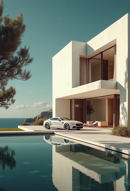 fg. A modern coastal house in daylight, featuring a pristine outdoor pool and a sunken garden. The architecture is composed of boxy frames, cylindrical columns, and airy colonnades, creating an open, geometric space. The white facade is spotless and smooth, harmonizing with the surrounding green lawn and clear blue sea. No dirt or weathering—(clean surfaces:1.6), (immaculate walls:1.5), (pure geometry:1.4).
A luxury car is parked in front, its polished surface reflecting natural light. Sunlight casts sharp shadows on the structure, enhancing its form. Large windows frame views of the ocean, flooding the interior with natural light. The interior features (refined lines:1.5), (minimalist furnishings:1.4), (diffused daylight:1.6), and (elegant details:1.4).
The atmosphere is serene, sophisticated, and sunlit. Rendered in photorealistic 3D, this concept art highlights modern architecture in a clean, elegant environment. High-resolution, architectural visualization style.photorealistic material fidelity, elegant proportions, and expert light simulation.