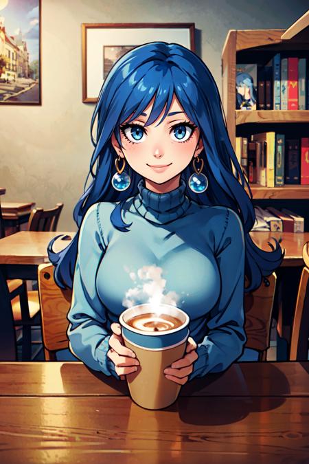 juvia lockser,  long hair, juvia lockser,  long hair, blue headwear, fur-trimmed headwear, capelet, blue dress, long sleeves, belt, side slit, tattoo, thighhighs,