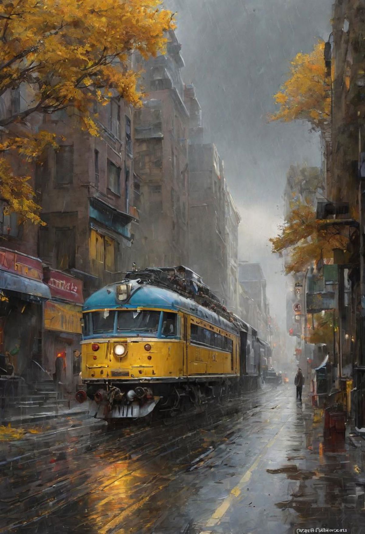 A yellow and blue train traveling through a city with wet streets.