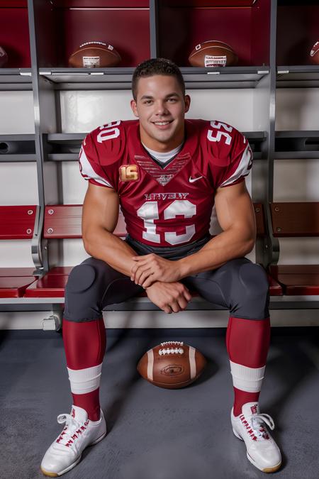 in an American football locker room, (sitting on a bench), legs spread open, (CFBrent), American football player wearing American football uniform, American football shoulder pads, (garnet red jersey:1.3), (gray football pants and pads:1.3), (garnet red socks:1.2), (sneakers:1.2), slight smile, (((full body portrait))), full body shot, wide angle <lora:CFBrent:0.8>