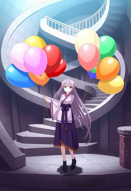 1girl is standing in front of complicated stairs, helical stairs, holding colorful balloons, long hair, wearing traditional cloths,