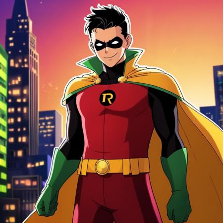 anime artwork of  <lora:Robin:1.2>
Robin a man in a Robin costume with a smile posing in a studio in Gotham city universe, anime style, key visual, vibrant, studio anime,  highly detailed