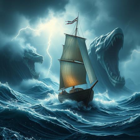 photorealistic sailing boat on the big waves in the storm, lightnings, sea monster attacking the boat, high detailed, 4k, masterpiece