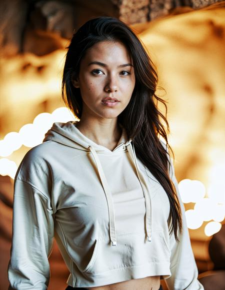 RAW analogue photo of a beautiful 25 years old woman, clear focus, high resolution image, Asian woman, dark hair, <lora:Ai_Lotus:0.75>,,  ,wearing cropped hoodie and high-waisted joggers, Natural hair,,high quality, film grain, Fujifilm XT3, 8k uhd, dslr, film grain, kodak tri-x 400 film, grain photo DOF, faint lighting, dynamic angle, cinematic, Depth of field, bokeh, best quality, cinematic, light particles, highly_detailed, very_aesthetic, golden hour, beautiful_and_aesthetic ,Sexy pose, erotic pose, exhibitionism, ,enchanted crystal cavern with bioluminescent minerals