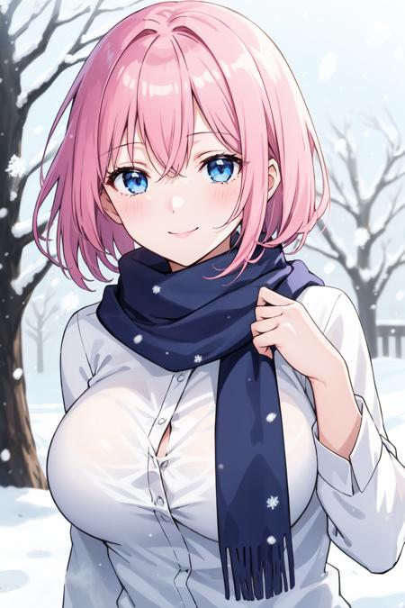 masterpiece, best quality, 1girl, 
short hair, pink hair, blue eyes, smile, large breasts, white shirt, scarf, 
close-up, depth of field, outdoors, snowing,