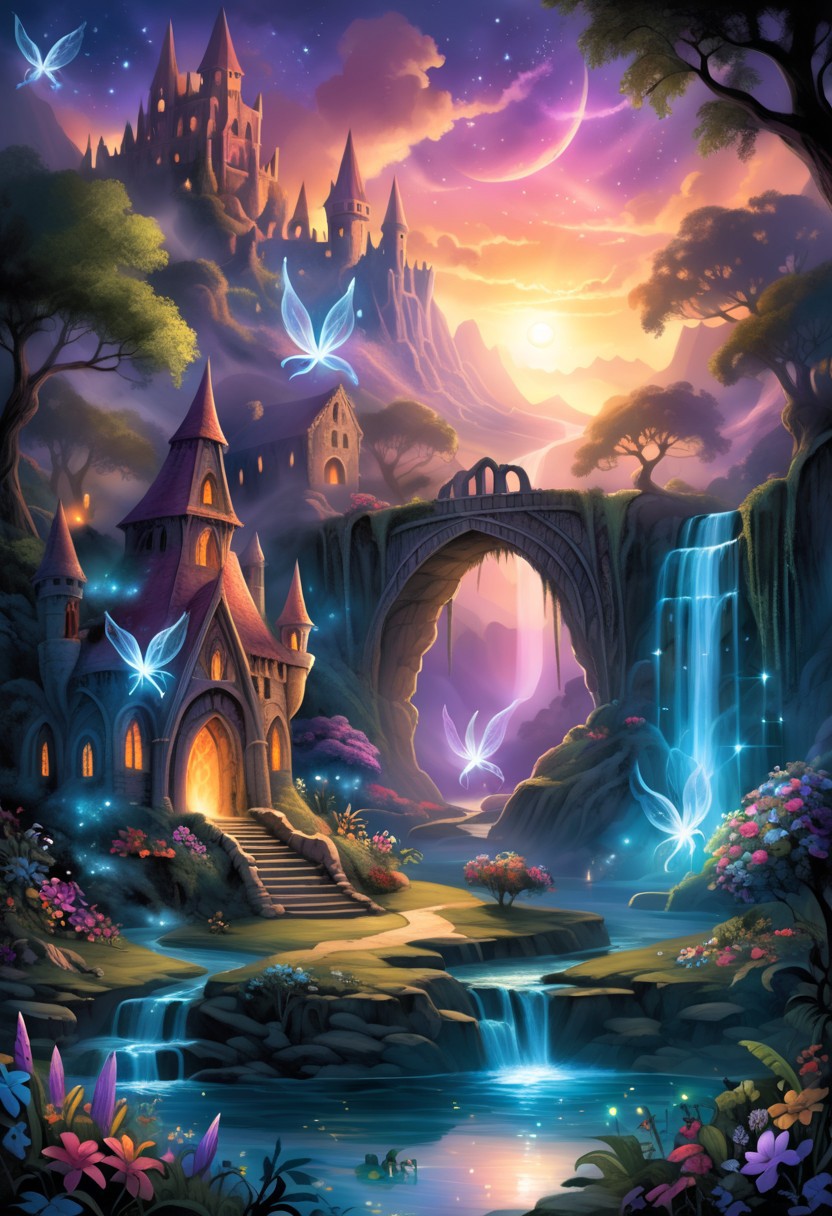 a hidden fantasy world with magical creatures,majestic landscapes,enchanted forests,sprawling mountains,mystical rivers,mythical creatures,elaborate castles,glistening waterfalls,breathtaking sunsets,ethereal lighting,dreamlike colors,pixie dust,whimsical atmosphere,vibrant flora and fauna,ancient ruins,secret pathways,timeless beauty,ethereal mist,spellbinding charm,enchanted waterfalls,serene lakes,celestial moonlight,enchanted flowers,luminous fireflies,dancing fairies,majestic unicorns,soaring dragons,mysterious caves,magical portals,enchanted whispers,ancient prophecies,whispering trees,glowing crystals,endless adventures,infinite possibilities, vivid colors, graphic novel illustration