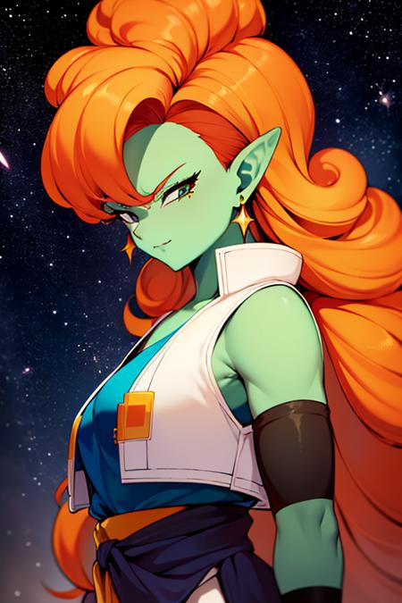 ((masterpiece,best quality)), absurdres, 
<lora:Zangya_DB:0.7>, Zangya_DB, solo, 1girl, green skin, long orange hair, vest, sash,  black arm warmers, 
upper body, 
detailed face, smug,  
space and stars in background, cinematic composition,