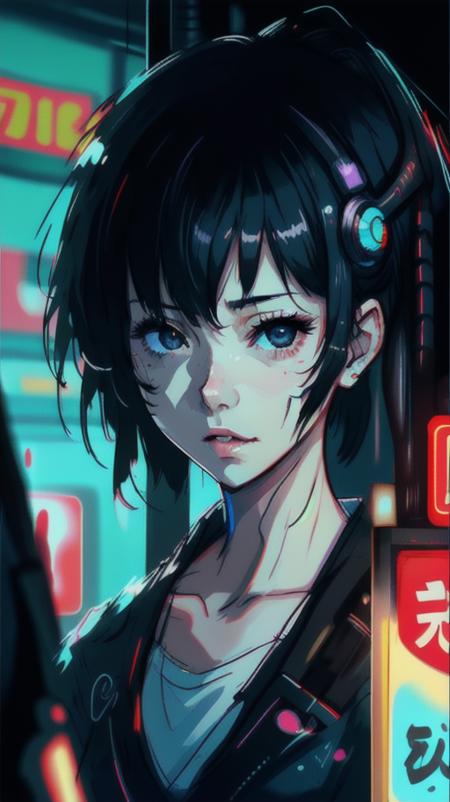 black eyes, cute animation 1girl, photoreal, Cyberpunk, City,  best quality, Tokyo, Air port, Blue light, Day break, (((rough sketch)))