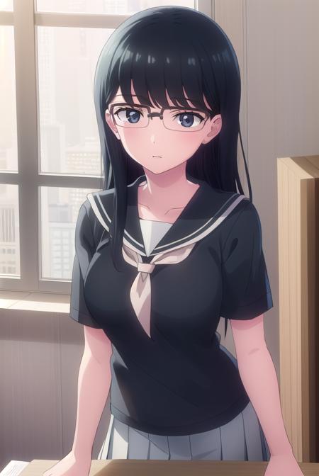 kyoukokuroyuri, <lora:kyouko kuroyuri s1-lora-nochekaiser:1>,
kyouko kuroyuri, long hair, black hair, (black eyes:1.5), glasses,
BREAK skirt, school uniform, pantyhose, pleated skirt, serafuku, armband, (black shirt:1.2),
BREAK indoors, classroom,
BREAK looking at viewer, (cowboy shot:1.5),
BREAK <lyco:GoodHands-beta2:1>, (masterpiece:1.2), best quality, high resolution, unity 8k wallpaper, (illustration:0.8), (beautiful detailed eyes:1.6), extremely detailed face, perfect lighting, extremely detailed CG, (perfect hands, perfect anatomy),