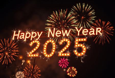 8k resolution image of sign saying "Happy New Year 2025", the letters are on fire, night dark background with fireworks