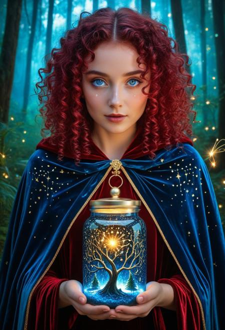 (masterpiece, best quality, ultra-detailed:1.3), RAW photo, 8K UHD, 
1girl, mystical heterochromia (gold/azure), flowing crimson curls, ethereal luminescent skin, petite frame, velvet cloak with constellation patterns,
[Enchanted forest, bioluminescent plants], [catching fireflies in glass jar],
mystical atmosphere, volumetric rays, intricate details