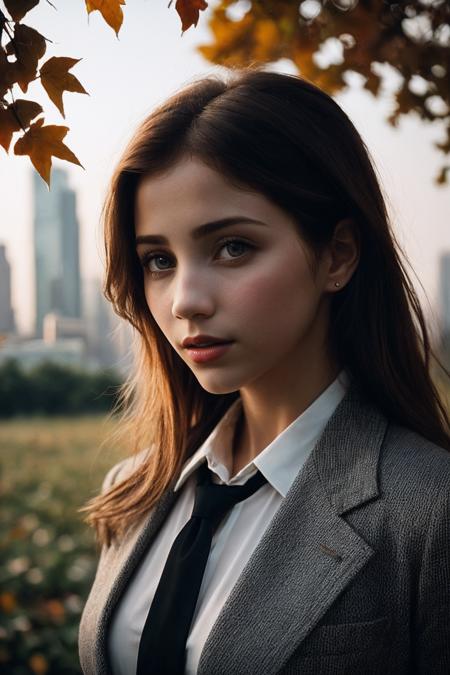 EmilyR_SoloTI_v1ï¼
posing for a picture, (Clad in a tailored charcoal suit, softened by a silk tie with a hint of color, embodying strength with a touch of tenderness), (An urban park at dawn, with skyscrapers towering overhead, softened by the gentle rustle of leaves, blending toughness with tranquility: 1.3), (seductive:1.3),(analog, cinematic, film grain, hazy atmosphere, cinematic shot:1.3),, PA7_Portrait-MCU