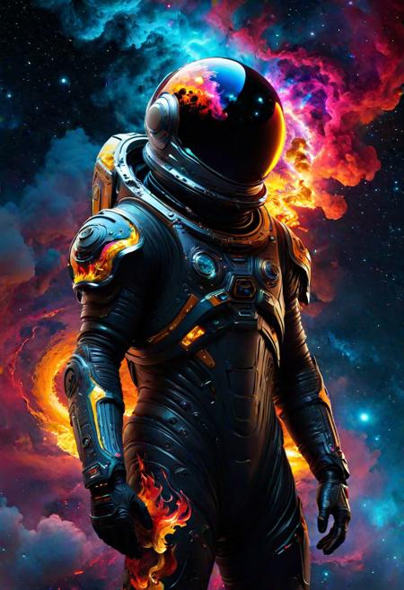 In the depths of the cosmic void, where ancient civilizations lie dormant and forgotten, an otherworldly figure emerges clad in a spacesuit adorned with vibrant hues. Its face, resembling a swirling black hole with flames dancing within, exudes an aura of enigmatic power and cosmic energy. Rendered in a whimsical mix of styles inspired by artists like Jean Baptiste Monge and Ismail Inceoglu, the character design captivates with its hyperdetailed features and vivid colors. Against a backdrop of swirling nebulae and distant galaxies, its presence a masterpiece of imagination and artistry. Trending on ArtStation, this hyperrealistic depiction of an alien creature combines the fantastical with the photorealistic, inviting viewers to explore the wonders of the cosmos in stunning 4K resolution.