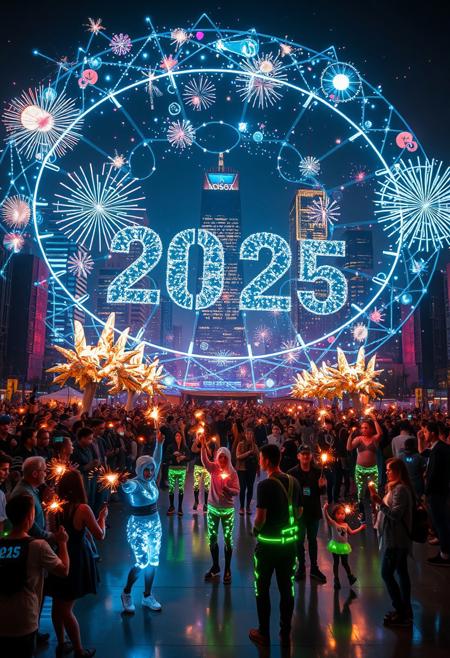 A futuristic New Year's celebration centered on a breathtaking holographic show. The scene captures a vast urban plaza with a colossal holographic projection of '2025,' surrounded by dazzling, animated visuals such as swirling galaxies, fireworks, and intricate geometric designs. The holograms extend high into the sky, blending seamlessly with the city's skyline. Below, a captivated crowd glows in the light of the holographic spectacle, with people holding sparklers and wearing futuristic attire. Performers in illuminated costumes interact dynamically with the holograms, creating a vibrant, immersive atmosphere that combines cutting-edge technology with celebratory energy.