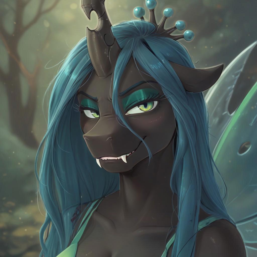 (score_9), anthro changeling, anthro queen chrysalis, smirk,