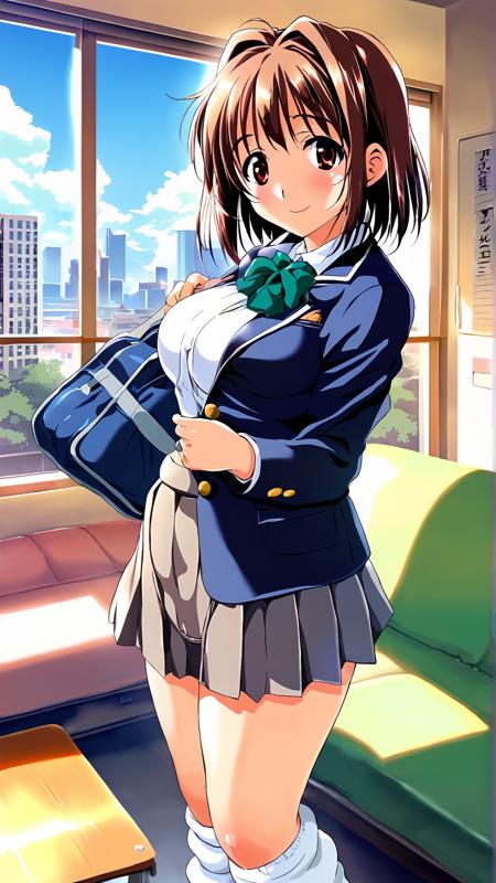 kawai rie, brown eyes, brown hair, short hair, hair intakes, bangs, large breasts blazer, blue jacket, bow, bowtie, green bowtie, jacket, loafers, long sleeves, loose socks, pleated skirt, school bag, school uniform, shirt long sleeves, pleated skirt, school uniform, sweater vest