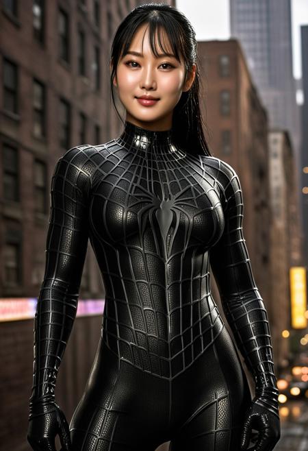 score_9, score_8_up, score_7_up, best quality, realistic, masterpiece, beautiful detail, hyperrealistic, night, ((1girl, woman body, big breasts)), amazing detailed full body portrait of a sexy korean girl, wearing a realistic and highly detailed black raimi spider-man suit, ((huge muscular girl)), professional model wears ultra - detailed black raimi spider - man suit, ultra - detailed and grained black raimi spiderman suit, suit covered entire body and hand, black spiderman gloves, wet, (smile), (full body), (dirty skin), close up, octane render, highly detailed, volumetric, dramatic lighting, (highest quality:1.1), (HDR:1.3), (top quality, best quality), realistic, high definition,
