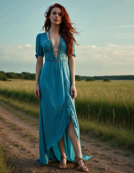 RAW full body analogue photo of a beautiful 20 years old woman, clear focus, 8K,__Random_Woman__,Punk-Cosplay, A captivating biopunk diva, her long hair flows freely, naturally dark with a touch of shimmering blue strands woven in. Her skin is smooth and rich in tone, with faint, bioluminescent veins subtly glowing under her skin. She wears a simple, organic dress crafted from silky bio-fabric, the flowing material catching the light as it moves with her every step. The dress features intricate, nature-inspired embroidery, with soft, glowing threads woven into the fabric. Around her neck, a delicate necklace made of organic plant fibers and tiny glowing crystals enhances her natural beauty, while her feet are bare, connecting her beguiling with the earth beneath her.