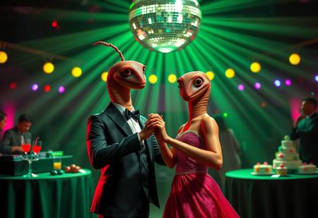An anthropomorphic male worm dancing with an anthropomorphic female worm at a prom. The male worm wears a sleek, tailored suit, and the female worm wears an elegant, flowing dress. Both are detailed with expressive features. In the background, there are DJs, drinks on tables, flashing lights, and cakes. A strobo disco ball spins above, casting dynamic reflections. The scene is high-detail with cinematic Panavision anamorphic lenses, enhanced by greenish color correction to create a dramatic atmosphere, capturing the lively energy of the prom night
