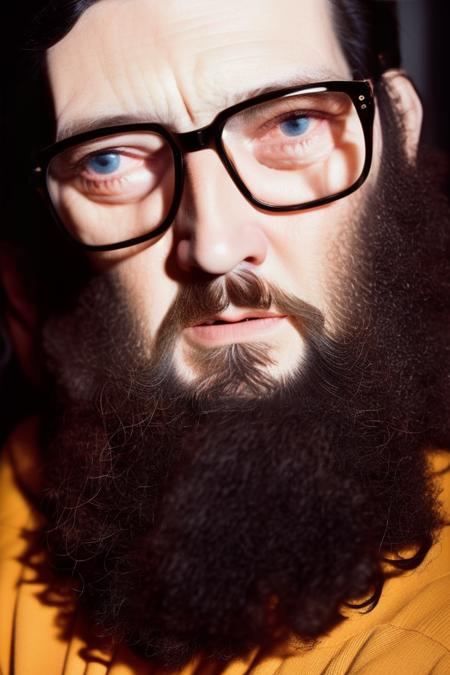 analog style, modelshoot style, portrait of sks man with beard and glasses by Flora Borsi, style by Flora Borsi, bold, bright colours, dark hair, ((Flora Borsi)) <lora:cortazar:1>