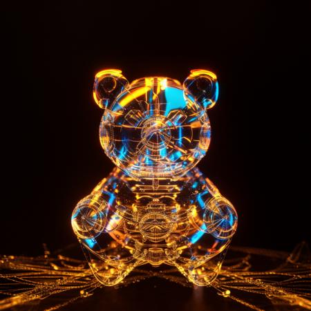 a (shineglasscd, neon lights, light particles, colorful:1.3, gradient, chromatic aberration) bear, sitting, (solo:1.2), <lora:shineglasscd-000027:0.9>, no humans, high quality, masterpiece, realistic, photorealistic, (dark background, lens flare, blurry, dof, full body)